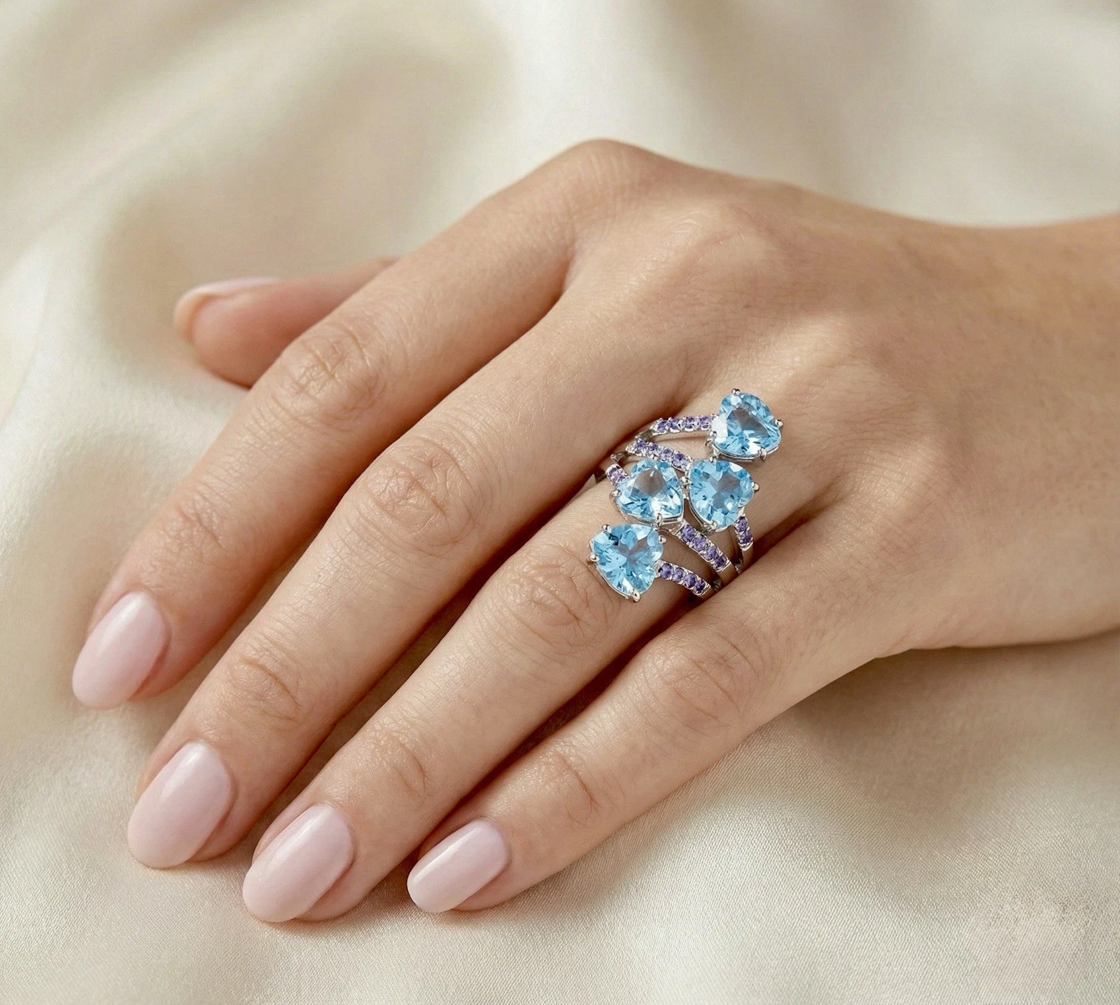 Heart Shaped Natural Blue Topaz Gemstones with Tanzanite Gemstone Accents On Sterling Silver Ring, 8 ctw