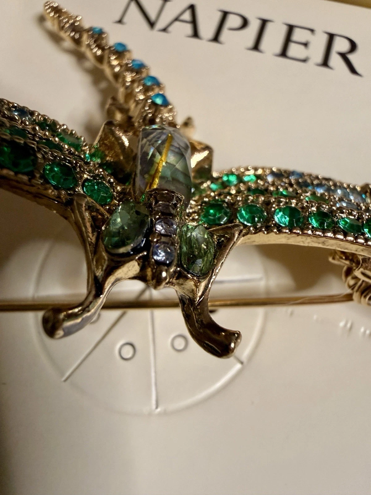 Napier Dragonfly Brooch – Blue & Green Crystal Rhinestones in Gold-Tone with Original Box