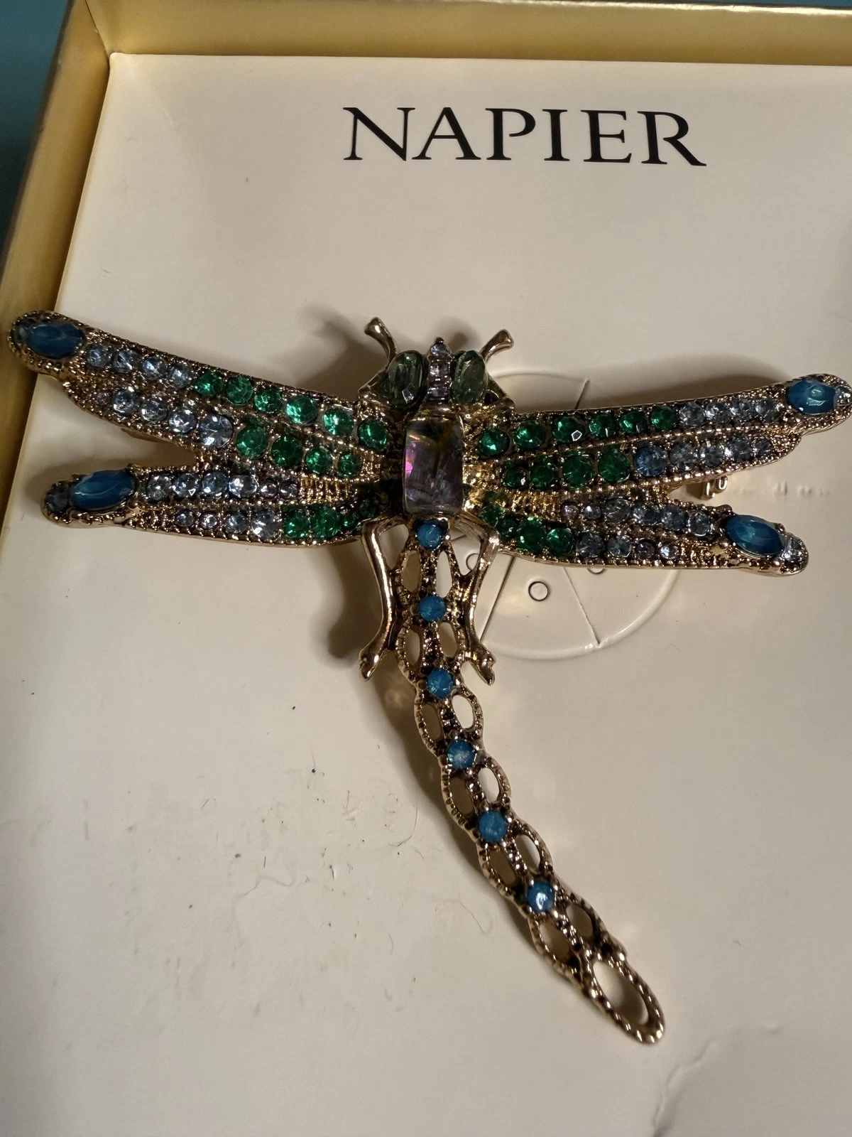 Napier Dragonfly Brooch – Blue & Green Crystal Rhinestones in Gold-Tone with Original Box