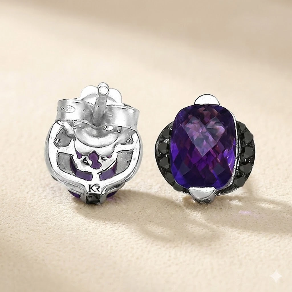 Cushion Cut Amethyst & Black Diamond Stud Earrings – 3.14 Carat Natural Gemstones in .925 Sterling Silver