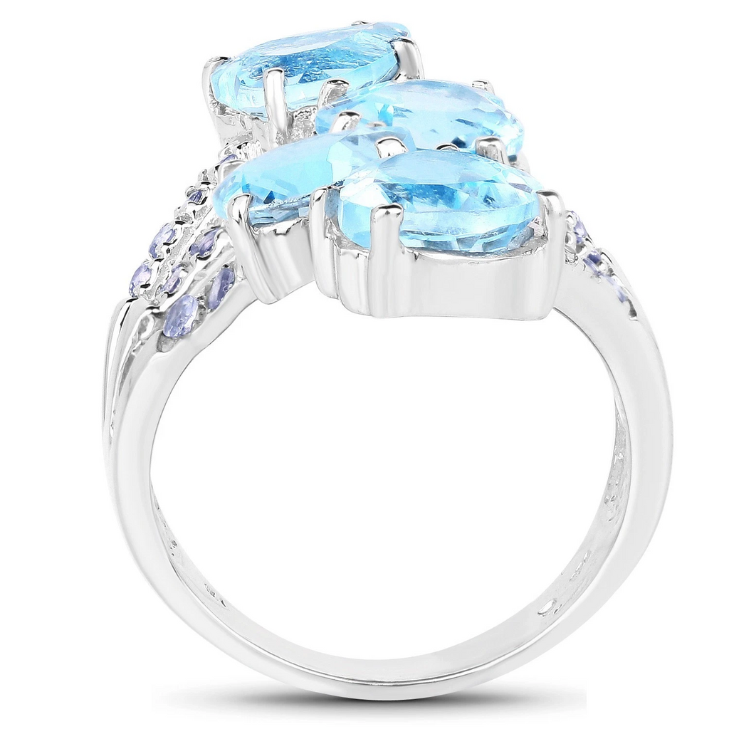 Heart Shaped Natural Blue Topaz Gemstones with Tanzanite Gemstone Accents On Sterling Silver Ring, 8 ctw