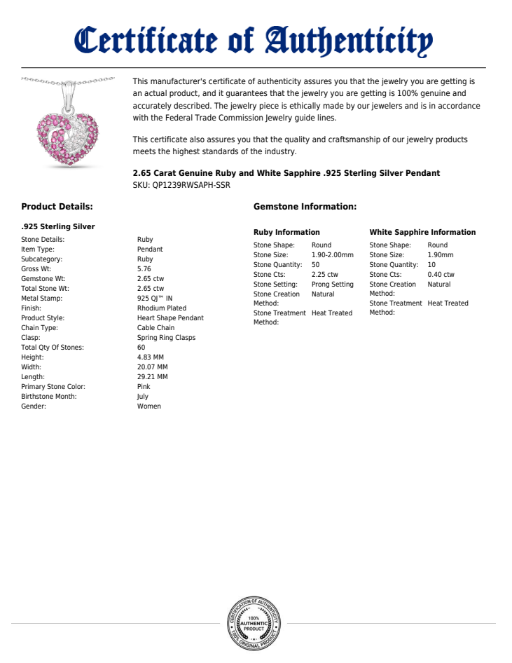 Heart Shaped Stunner Ruby And White Sapphire 925 Sterling Silver Pendant 2 65 Carat Genuine