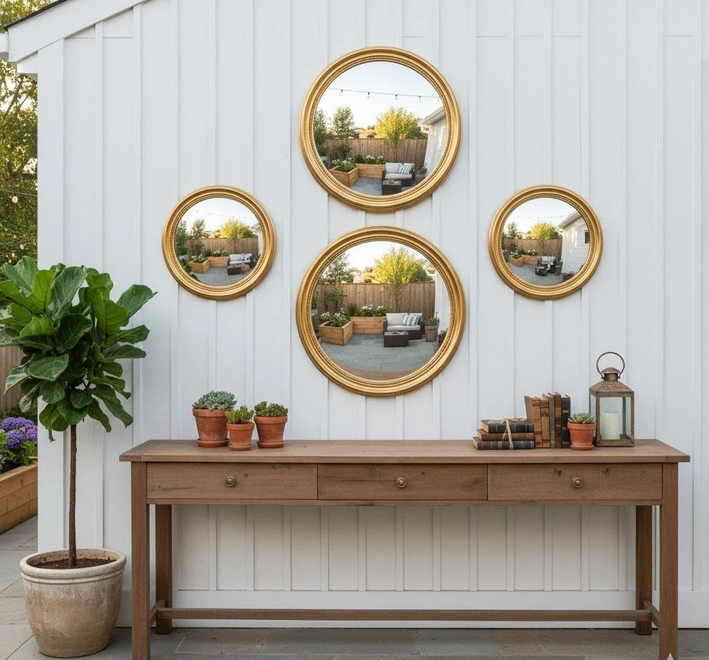 Bullseye Shaped Convex Mirror In Brass Frame | Round Mid Century Modern Wall Decor