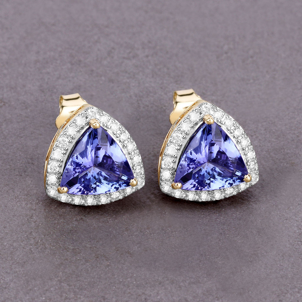 Trillion Tanzanite & Diamond Halo Stud Earrings – 14K Yellow Gold