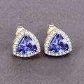 Trillion Tanzanite & Diamond Halo Stud Earrings – 14K Yellow Gold