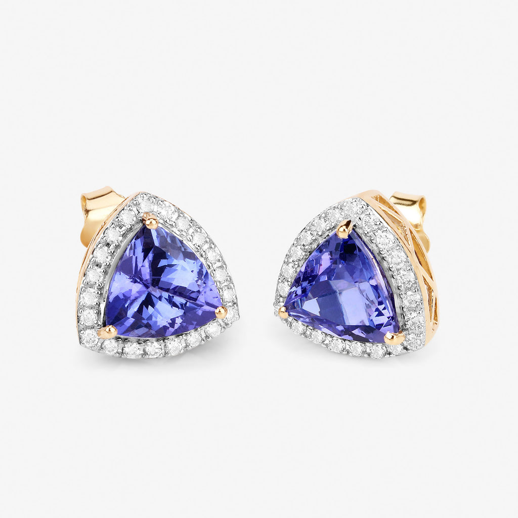 Trillion Tanzanite & Diamond Halo Stud Earrings – 14K Yellow Gold
