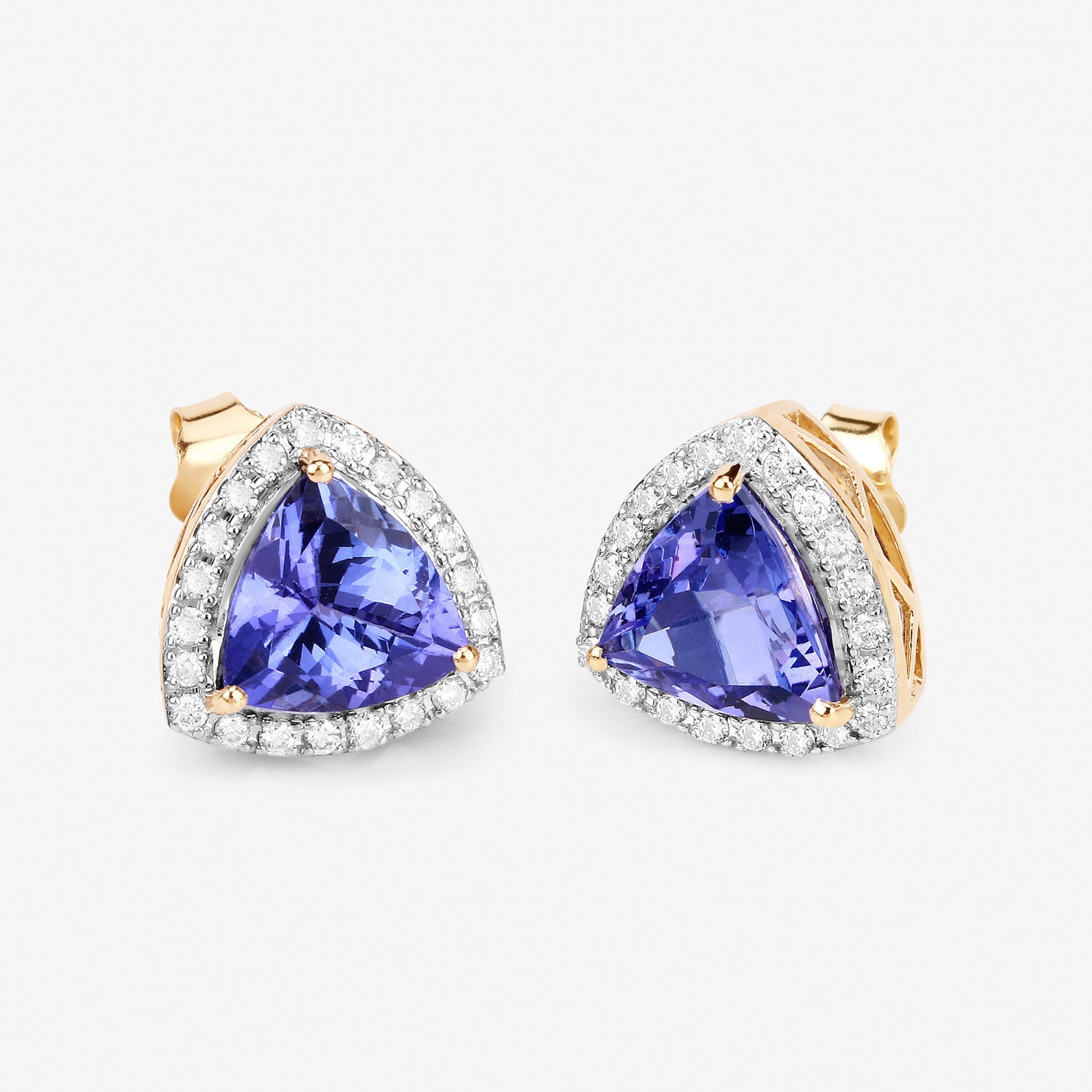 Trillion Tanzanite & Diamond Halo Stud Earrings – 14K Yellow Gold