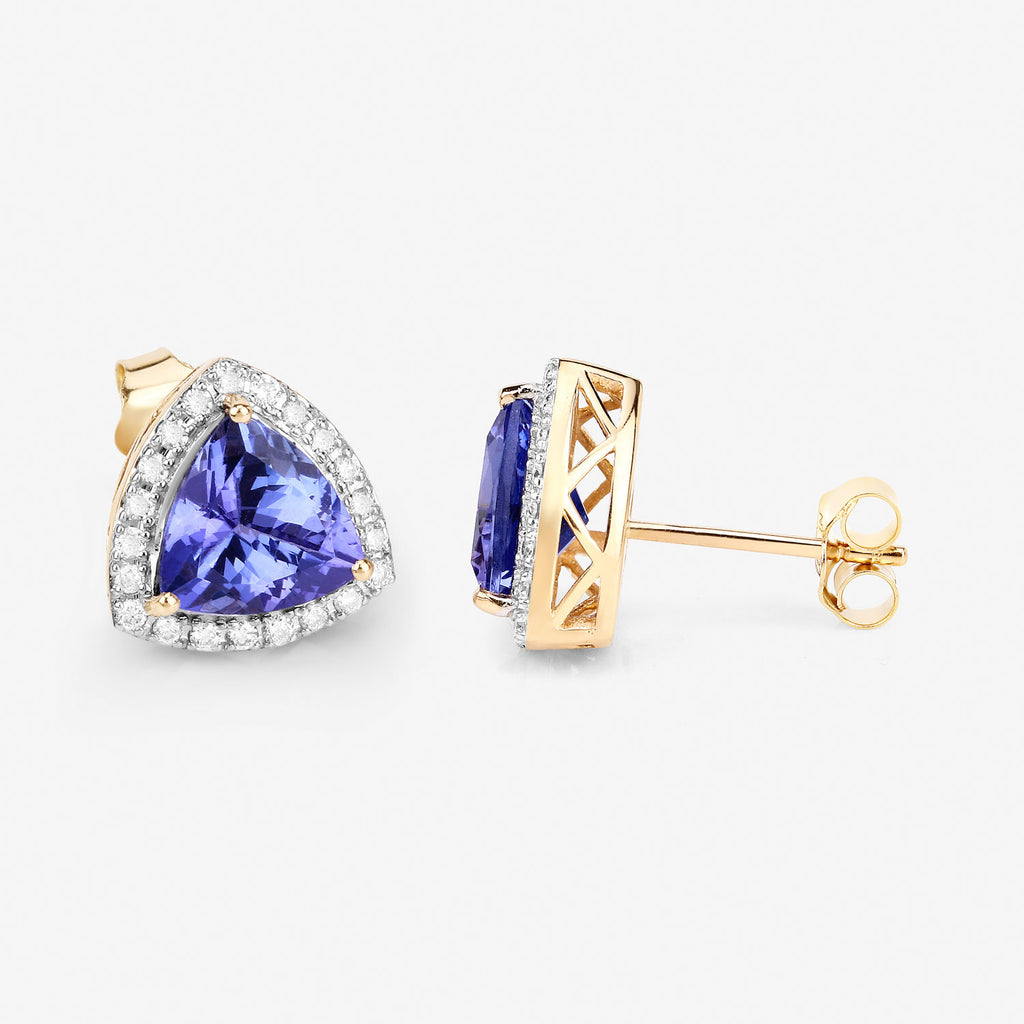 Trillion Tanzanite & Diamond Halo Stud Earrings – 14K Yellow Gold