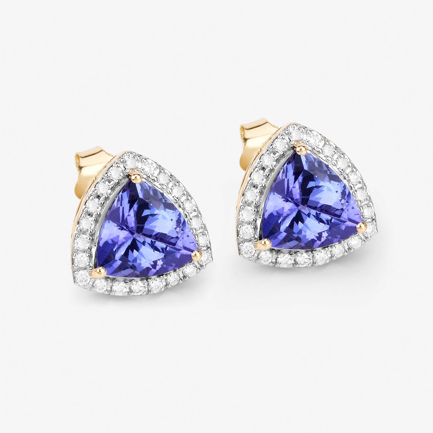 Trillion Tanzanite & Diamond Halo Stud Earrings – 14K Yellow Gold