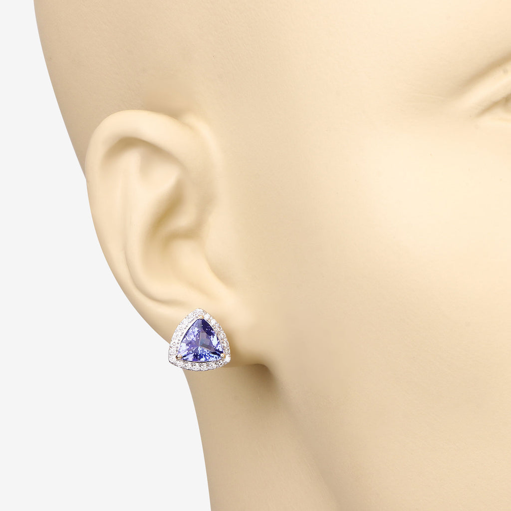 Trillion Tanzanite & Diamond Halo Stud Earrings – 14K Yellow Gold