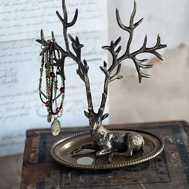 Antique Brass Tone Deer Jewelry Holder – Stag Ring & Necklace Organizer