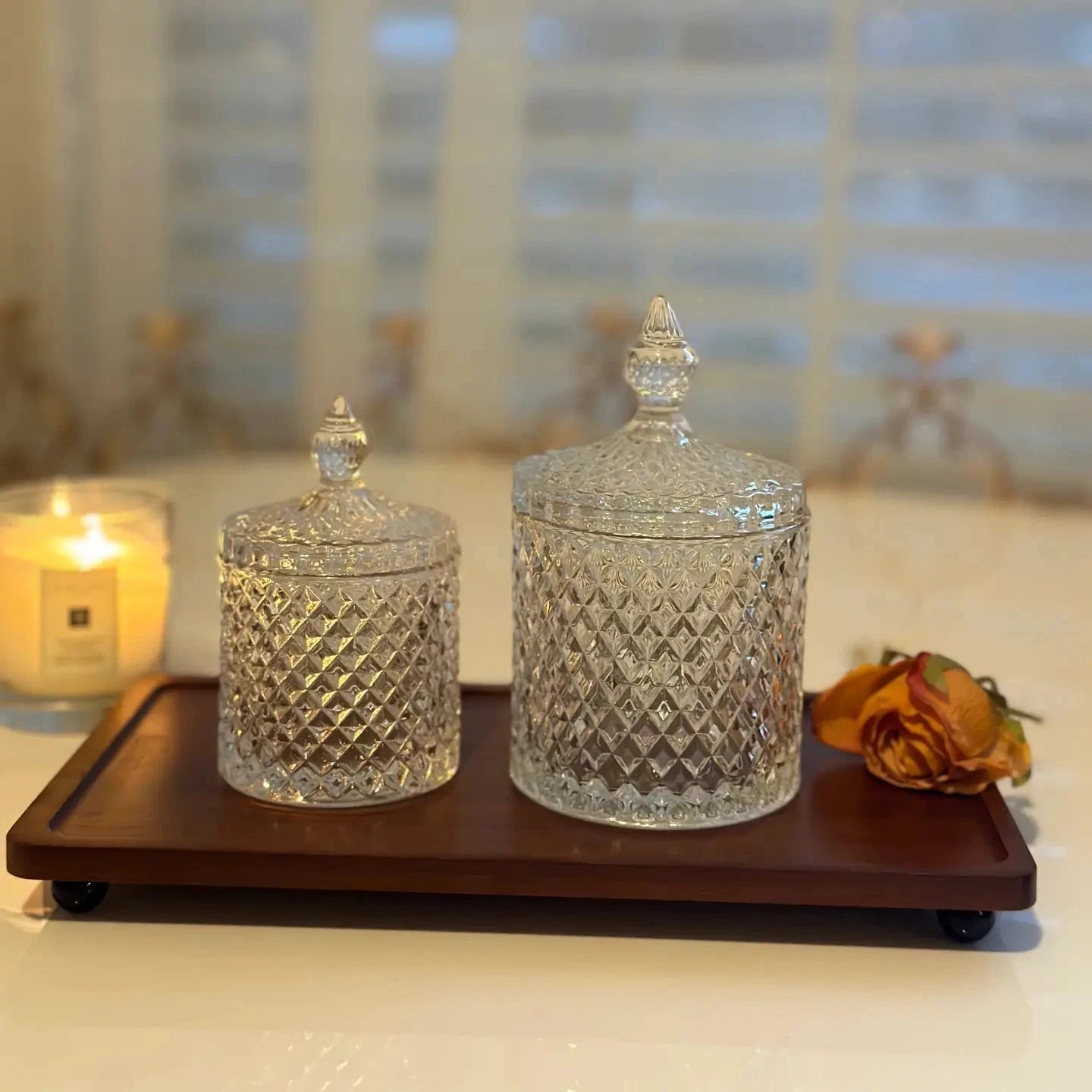 Diamond-Cut Glass Apothecary Jar – Decorative Lidded Storage (Multiple Sizes)