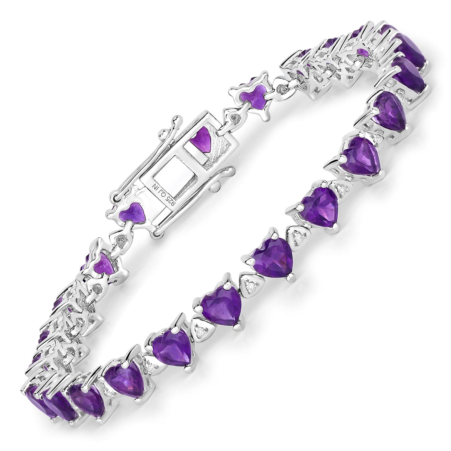 Heart-Cut Amethyst & White Diamond Tennis Bracelet – .925 Sterling Silver