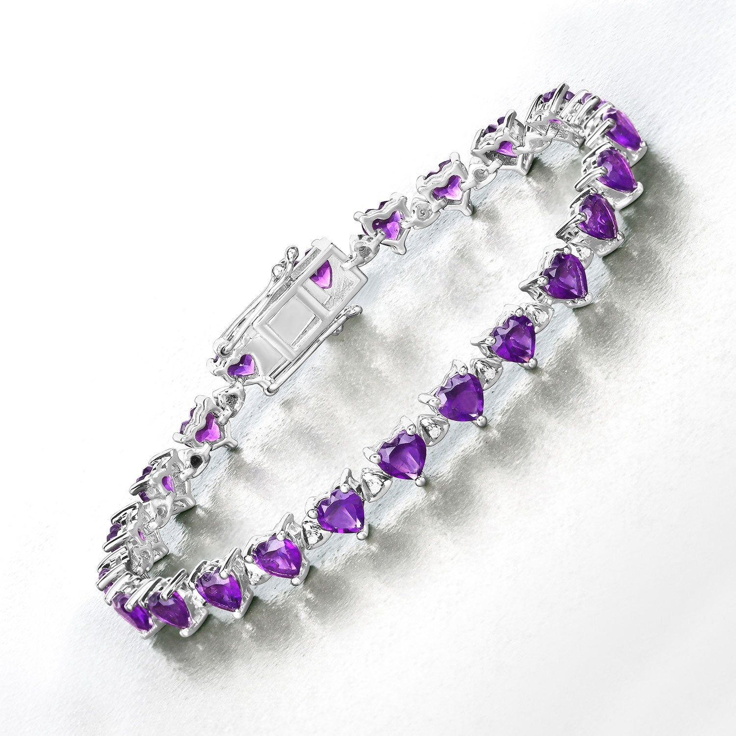 Heart-Cut Amethyst & White Diamond Tennis Bracelet – .925 Sterling Silver