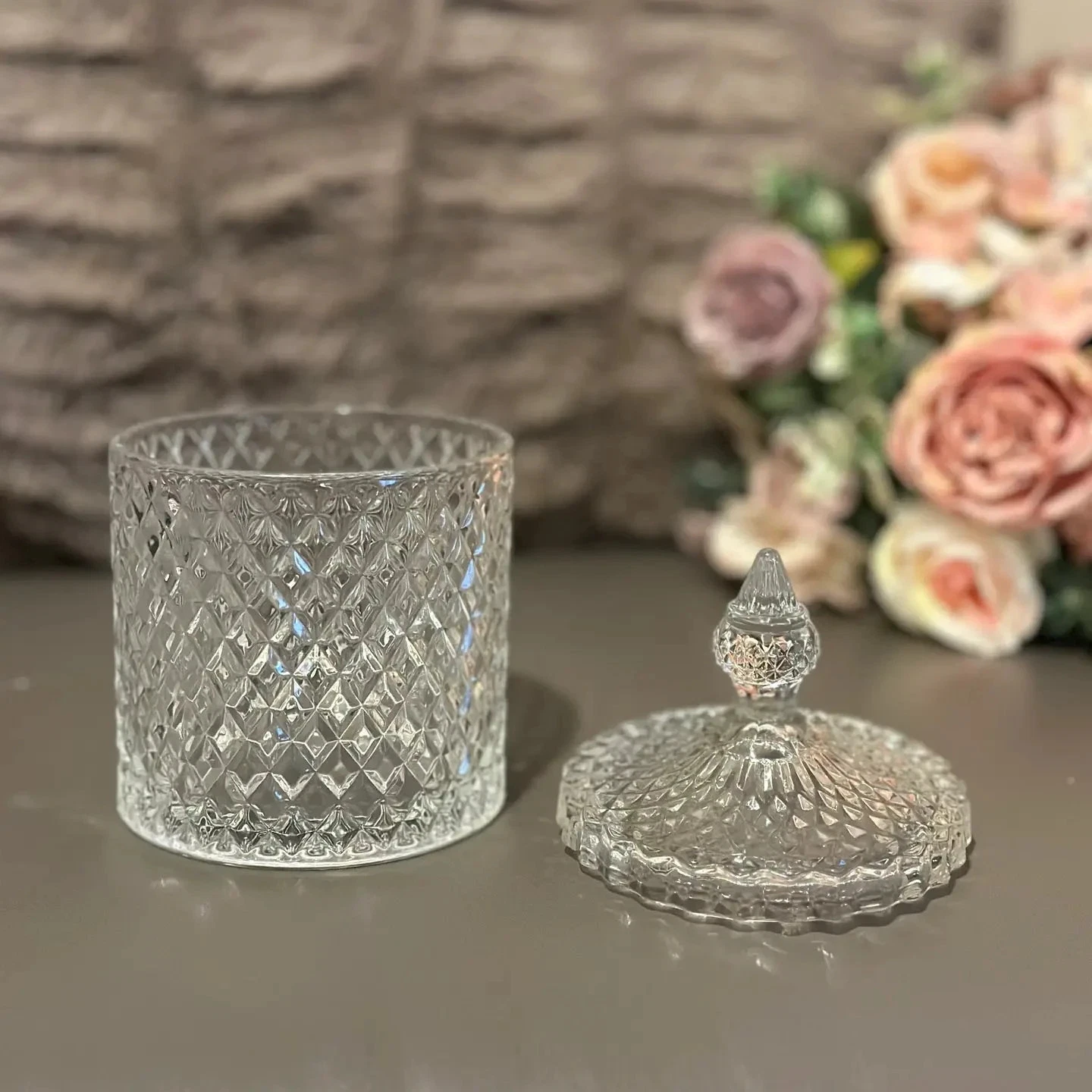 Diamond-Cut Glass Apothecary Jar – Decorative Lidded Storage (Multiple Sizes)