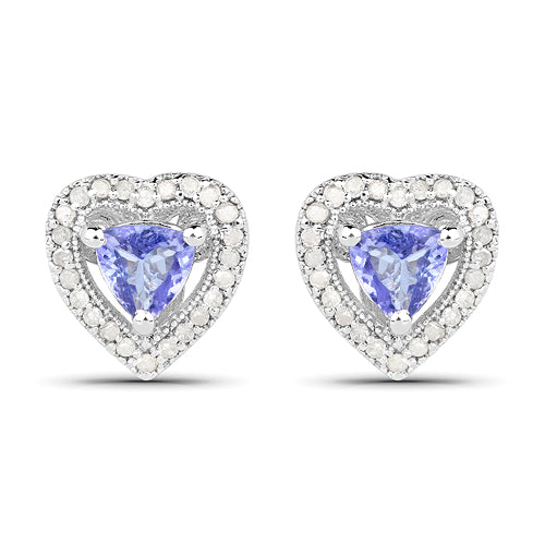 Heart-Shaped Tanzanite & Diamond Stud Earrings – Solid Sterling Silver Fine Jewelry