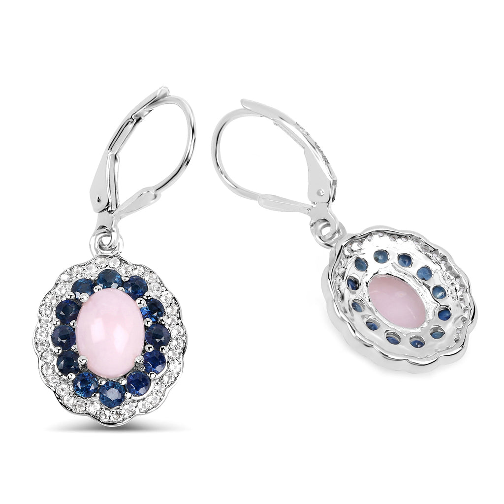 Blush & Midnight Drop Earrings – Pink Opal, Blue Sapphire & Sterling Silver