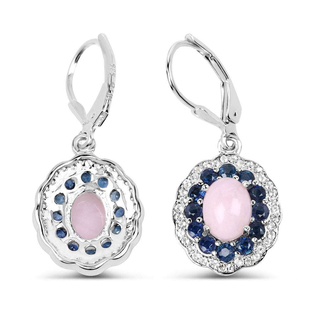 Blush & Midnight Drop Earrings – Pink Opal, Blue Sapphire & Sterling Silver