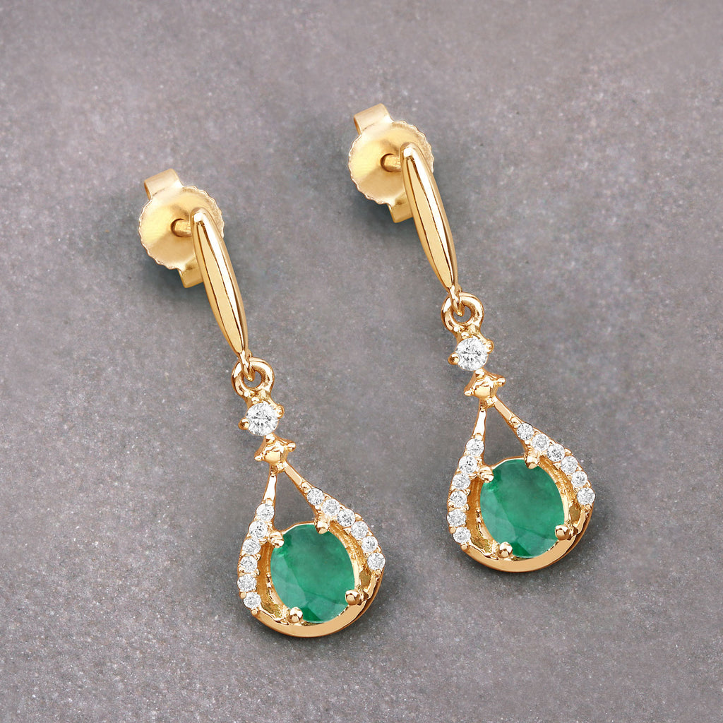 Zambian Emerald & Diamond Drop Earrings – 14K Yellow Gold