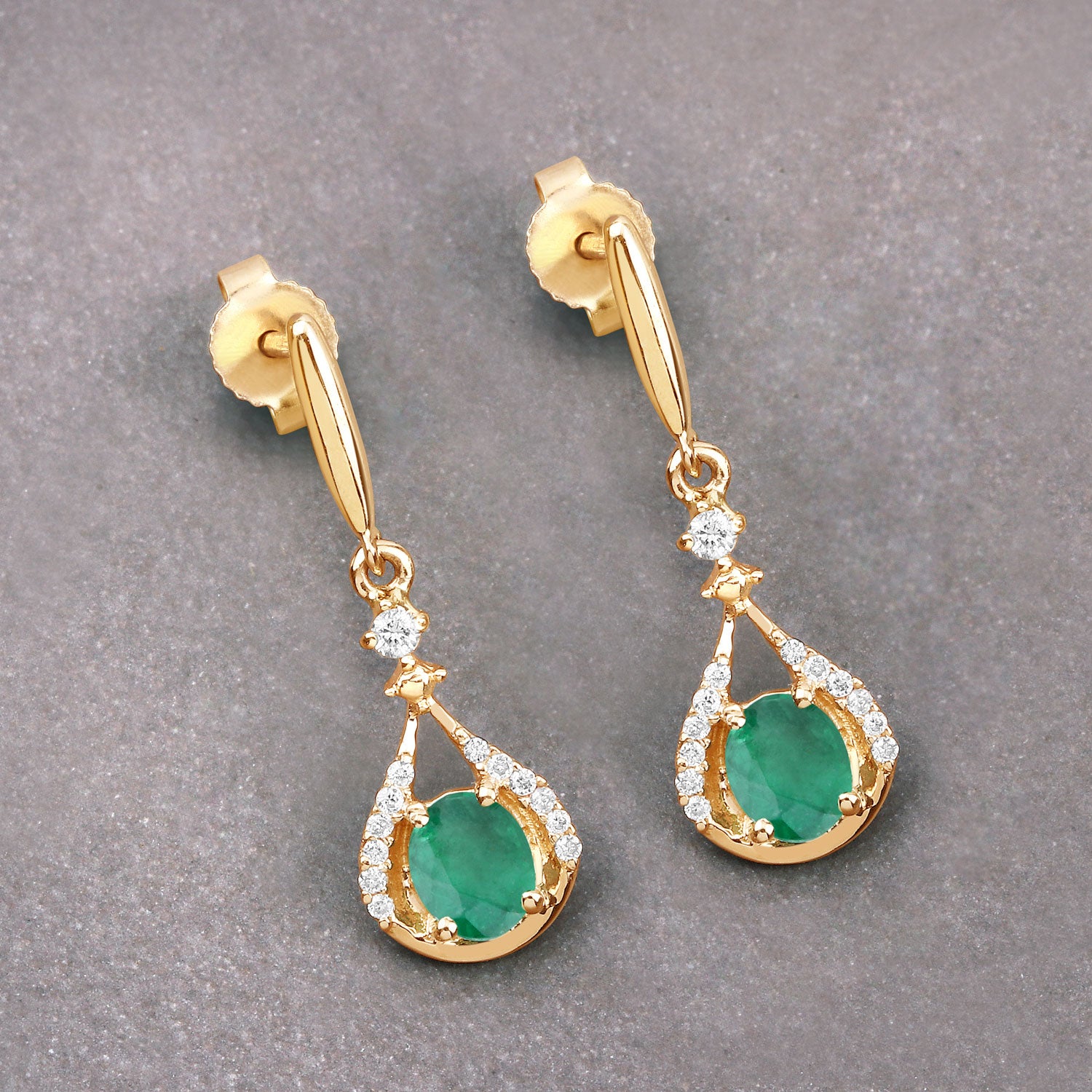 Zambian Emerald & Diamond Drop Earrings – 14K Yellow Gold