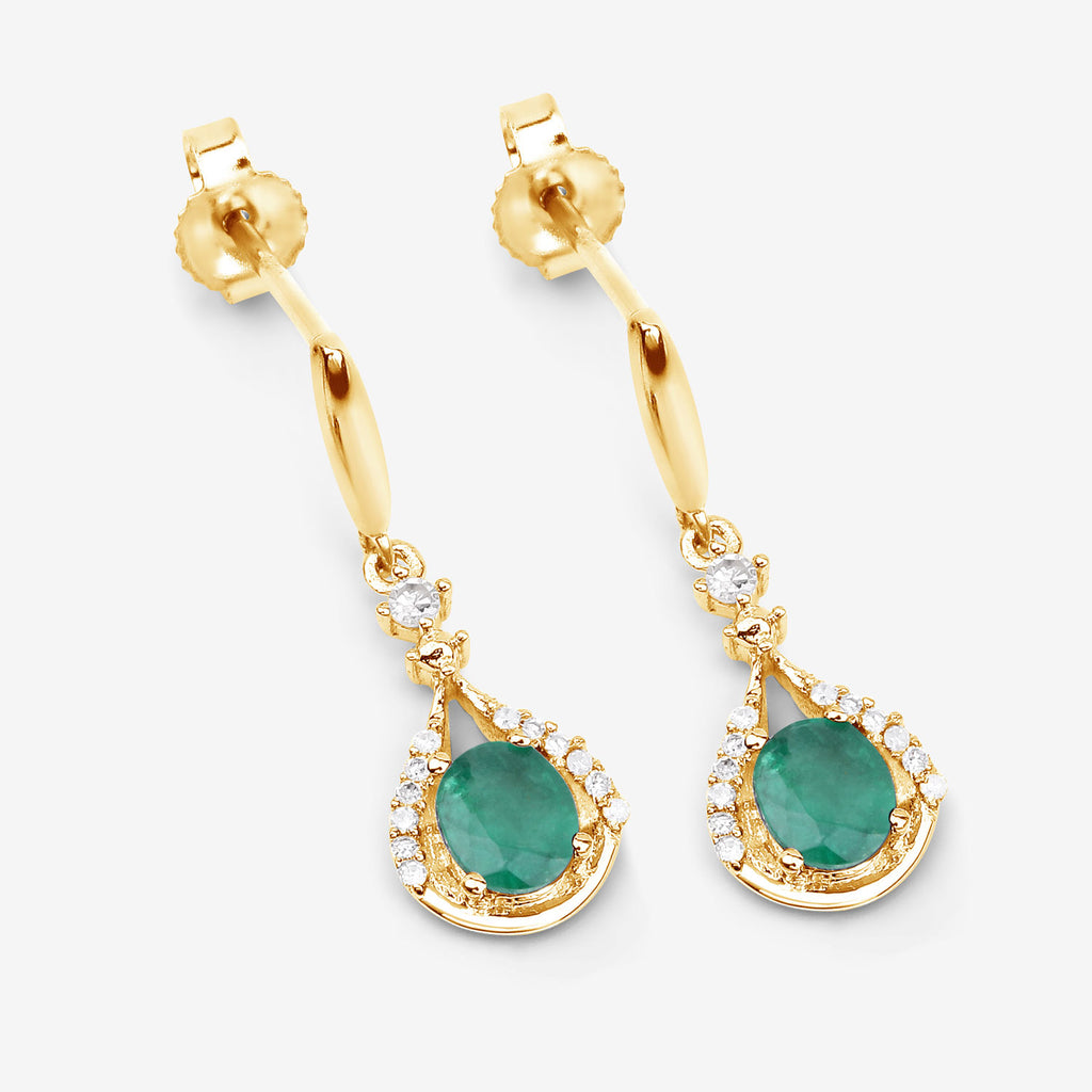 Zambian Emerald & Diamond Drop Earrings – 14K Yellow Gold