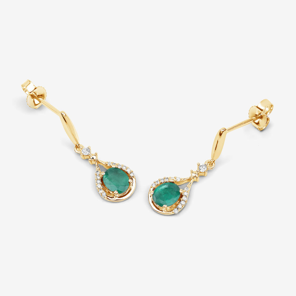 Zambian Emerald & Diamond Drop Earrings – 14K Yellow Gold