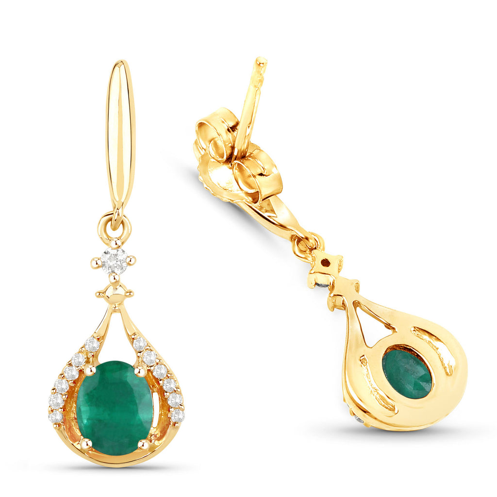 Zambian Emerald & Diamond Drop Earrings – 14K Yellow Gold