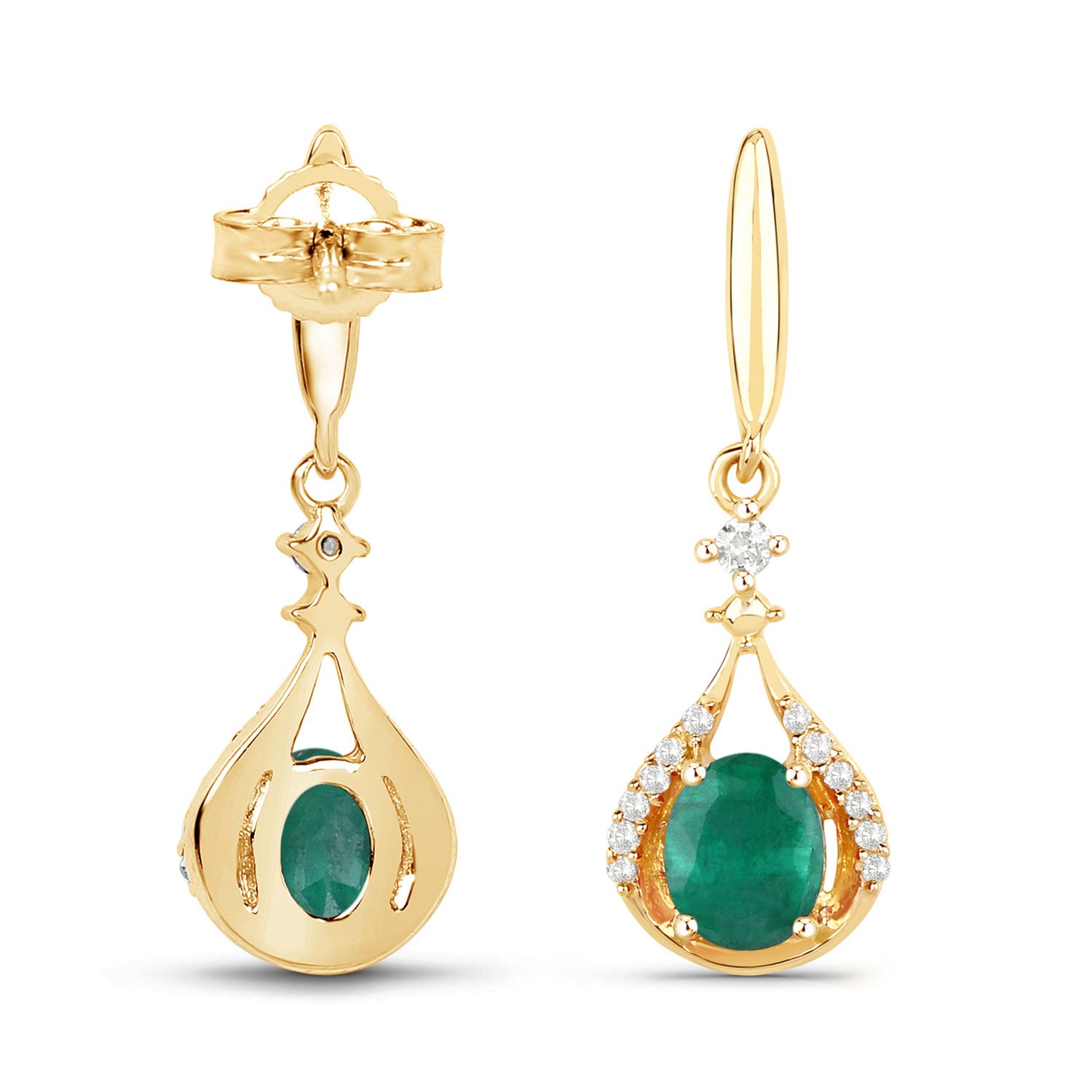 Zambian Emerald & Diamond Drop Earrings – 14K Yellow Gold