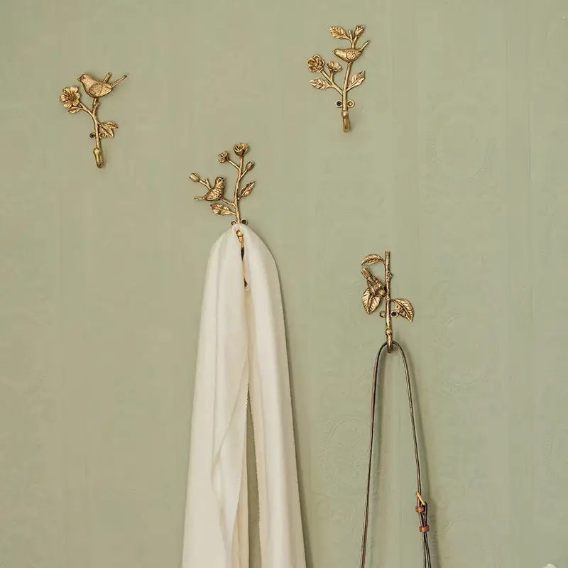 Gold Tone Metal Bird Wall Hook, Decorative Leaf & Branch Hanger