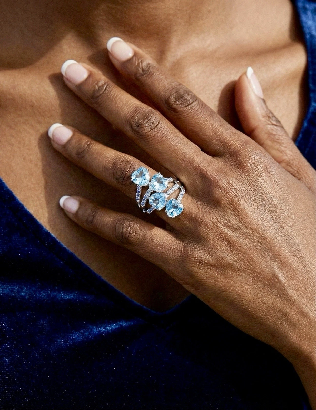 Heart Shaped Natural Blue Topaz Gemstones with Tanzanite Gemstone Accents On Sterling Silver Ring, 8 ctw