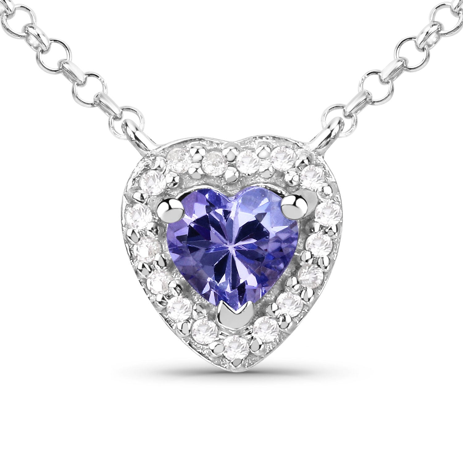 Heart Shaped Natural Tanzanite Surrounded by White Topaz Pendant Necklace In Sterling Silver 925, 0.55 Ctw