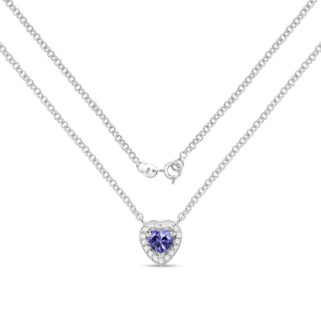 Heart Shaped Natural Tanzanite Surrounded by White Topaz Pendant Necklace In Sterling Silver 925, 0.55 Ctw