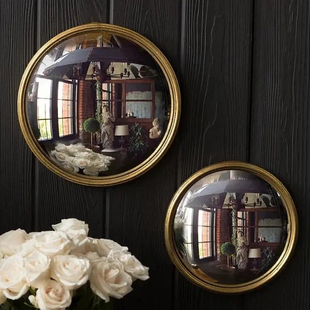 Bullseye Shaped Convex Mirror In Brass Frame | Round Mid Century Modern Wall Decor