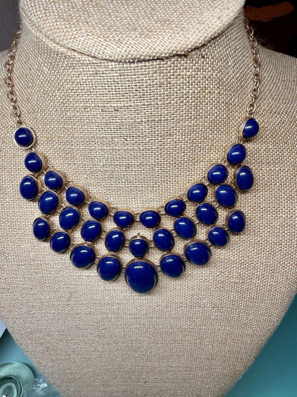Cobalt Blue Cabochon Bib Necklace – Bold Silver-Tone Statement Collar