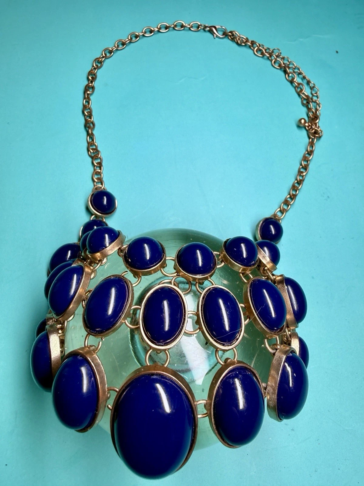 Cobalt Blue Cabochon Bib Necklace – Bold Silver-Tone Statement Collar