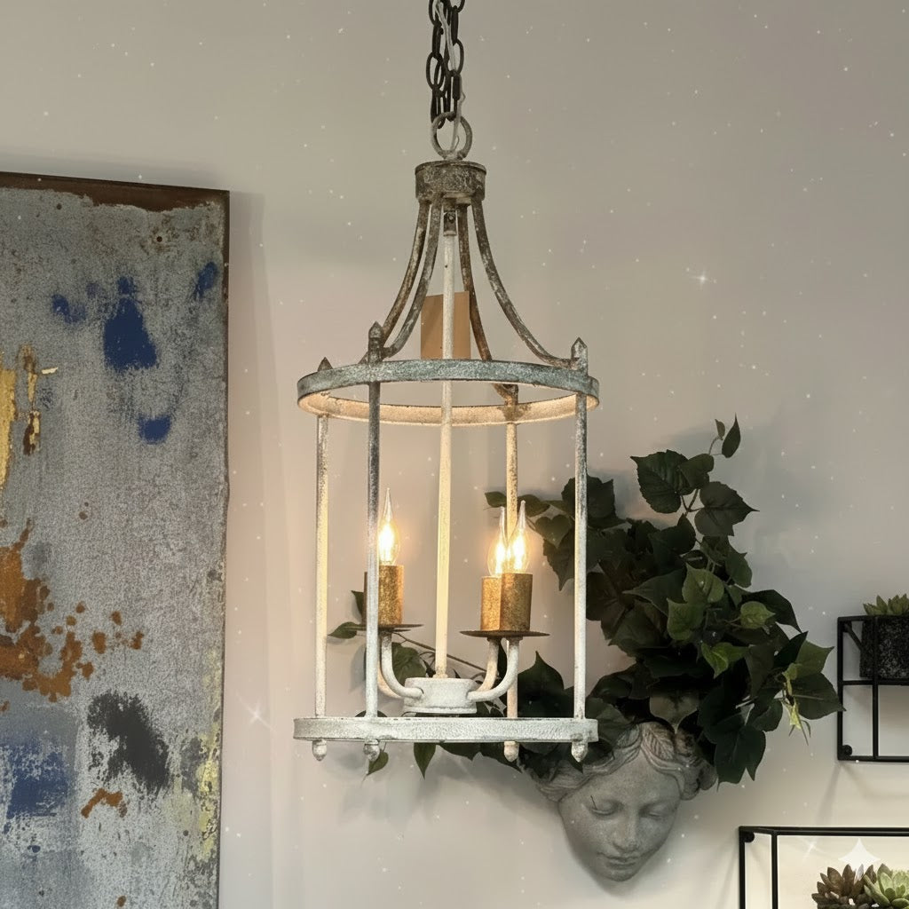 Vintage rust iron pendant lamp with candle-style lights. Perfect farmhouse dining table lighting with warm rustic charm for kitchen or living spaces.