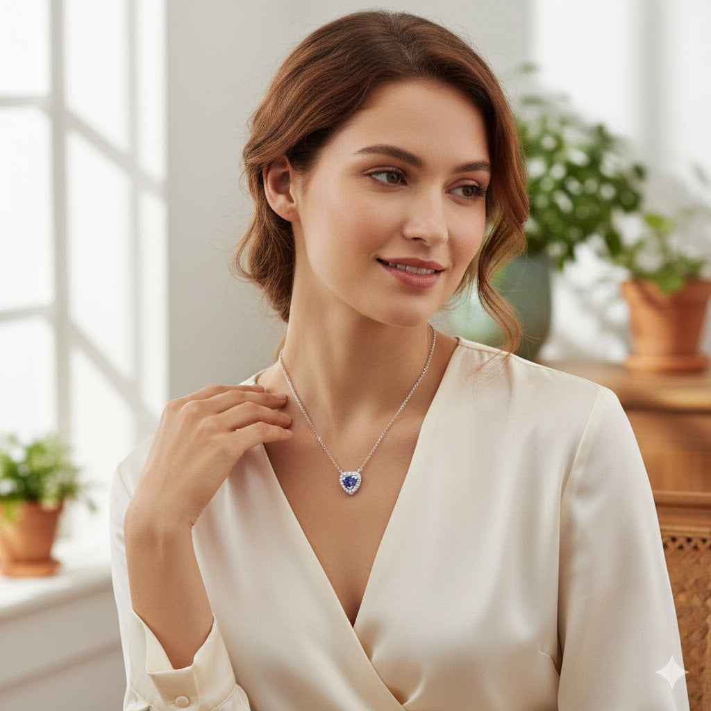 Heart Shaped Natural Tanzanite Surrounded by White Topaz Pendant Necklace In Sterling Silver 925, 0.55 Ctw