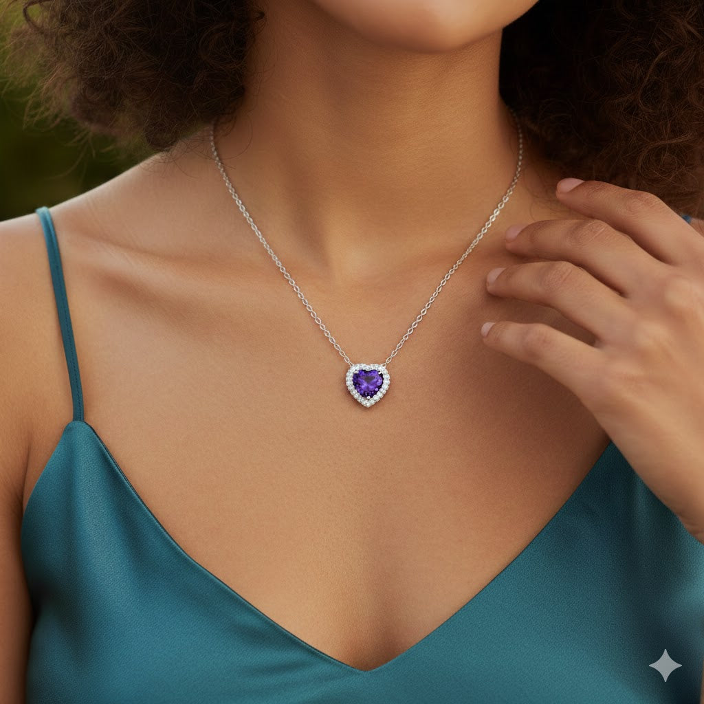 Heart Shaped Natural Tanzanite Surrounded by White Topaz Pendant Necklace In Sterling Silver 925, 0.55 Ctw