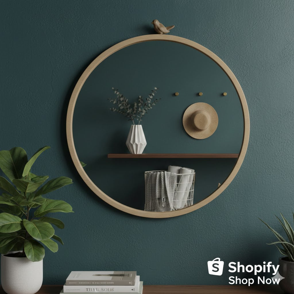 Vintage-Style Round Cast Iron Bird Mirror – Gold Accent Wall Décor