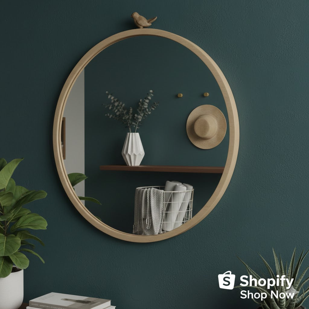 Vintage-Style Round Cast Iron Bird Mirror – Gold Accent Wall Décor