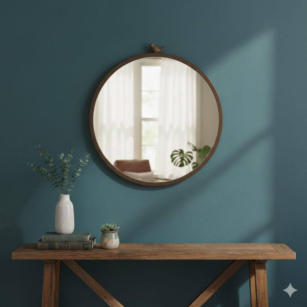 Vintage-Style Round Cast Iron Bird Mirror – Gold Accent Wall Décor