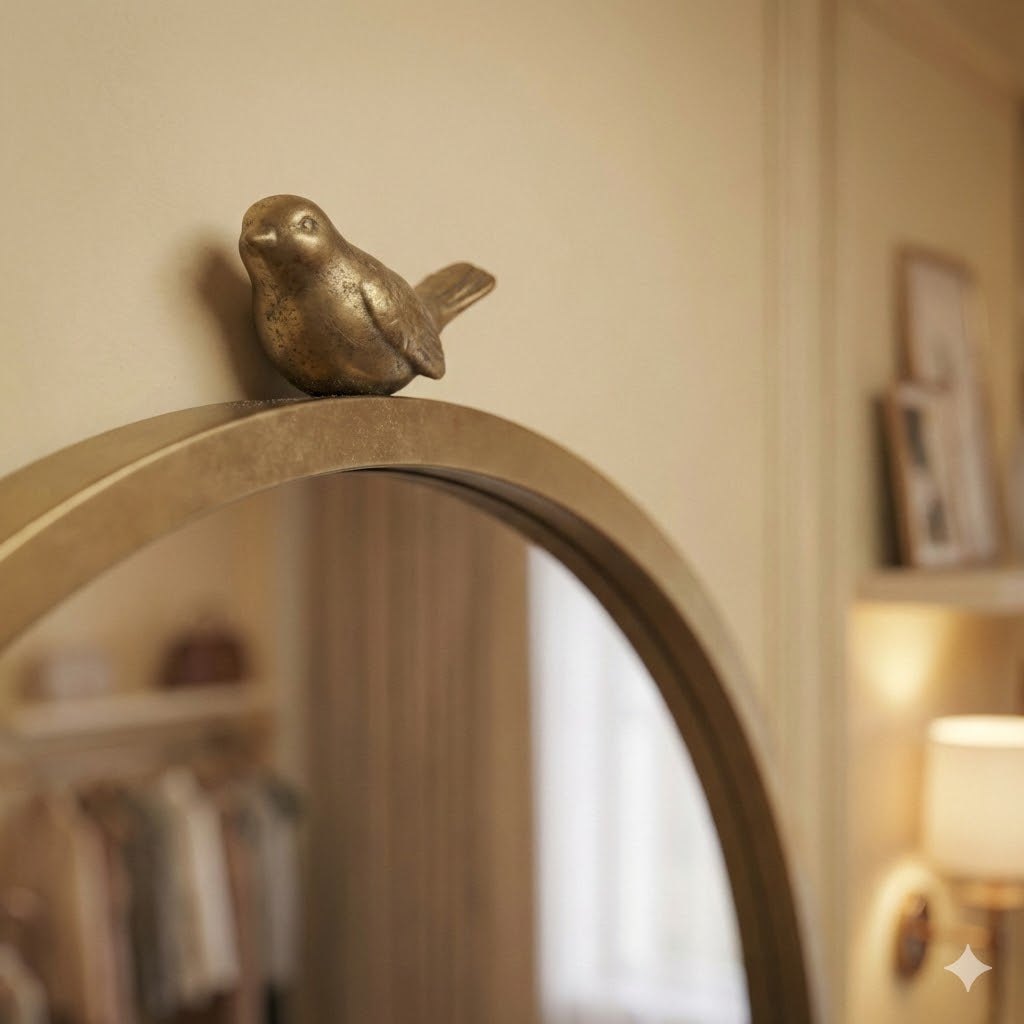 Vintage-Style Round Cast Iron Bird Mirror – Gold Accent Wall Décor