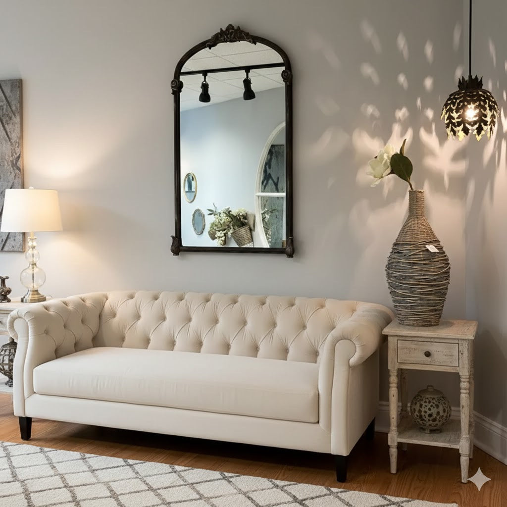 Vintage-Style Arched Iron Frame Mirror – Ornate Estate Wall Décor – 17" x 29"